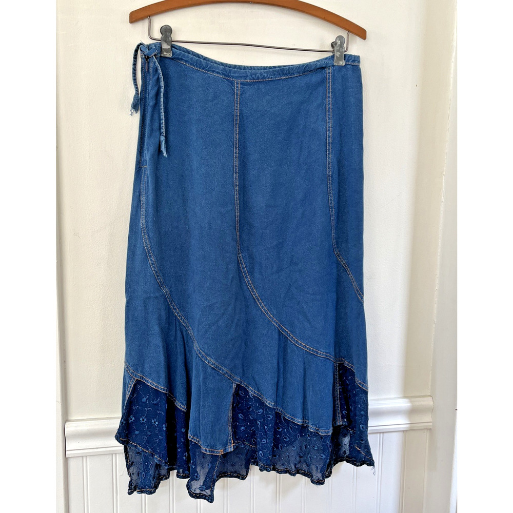 Sacred Threads Hippie Boho Blue Demmin Like Lace Hem Skirt Rayon SZ SM - Picture 4 of 8